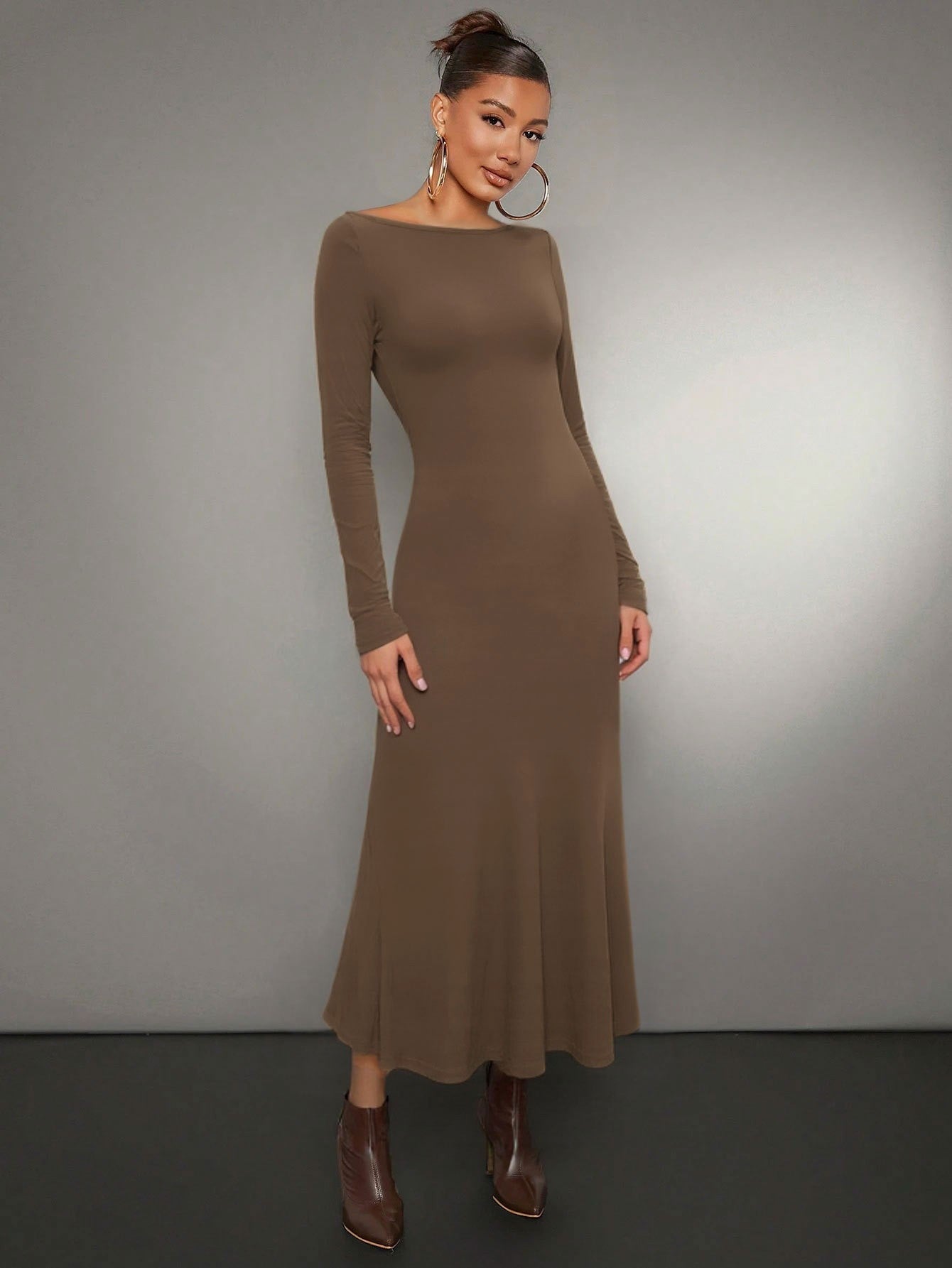 Damen Midikleid Langarm Rundhalsausschnitt Eveloria