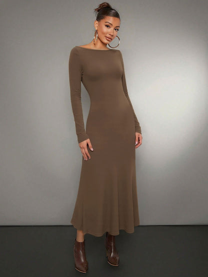 Damen Midikleid Langarm Rundhalsausschnitt Eveloria