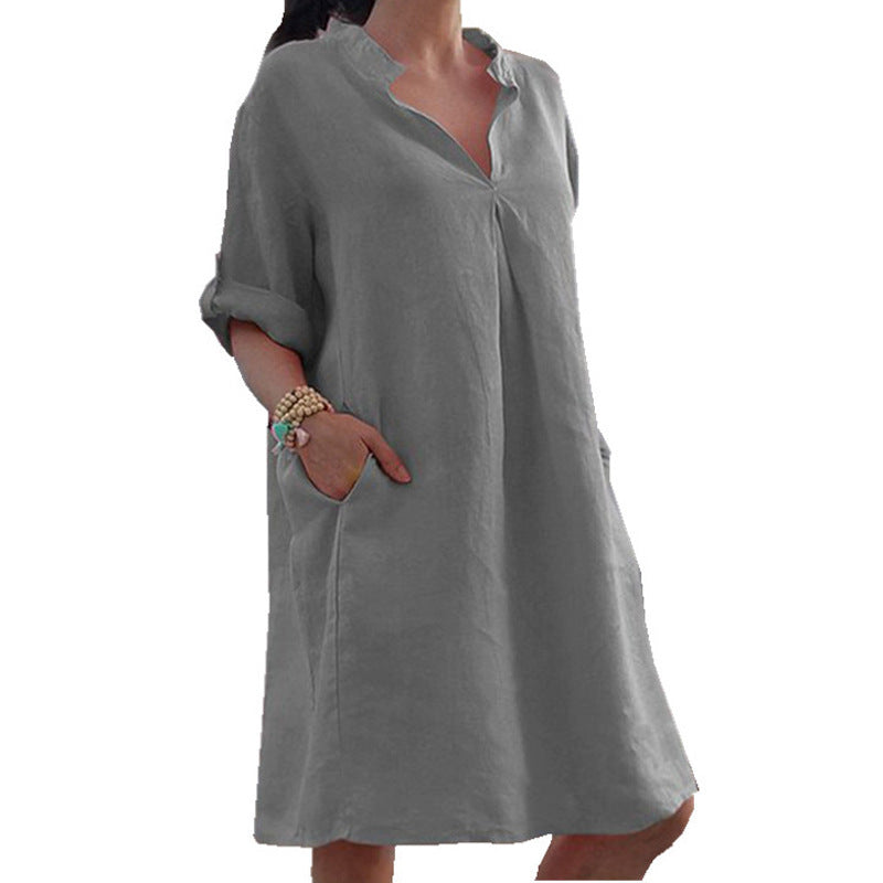 Damen Leinenkleid V-Ausschnitt mit Taschen Luftig Beige