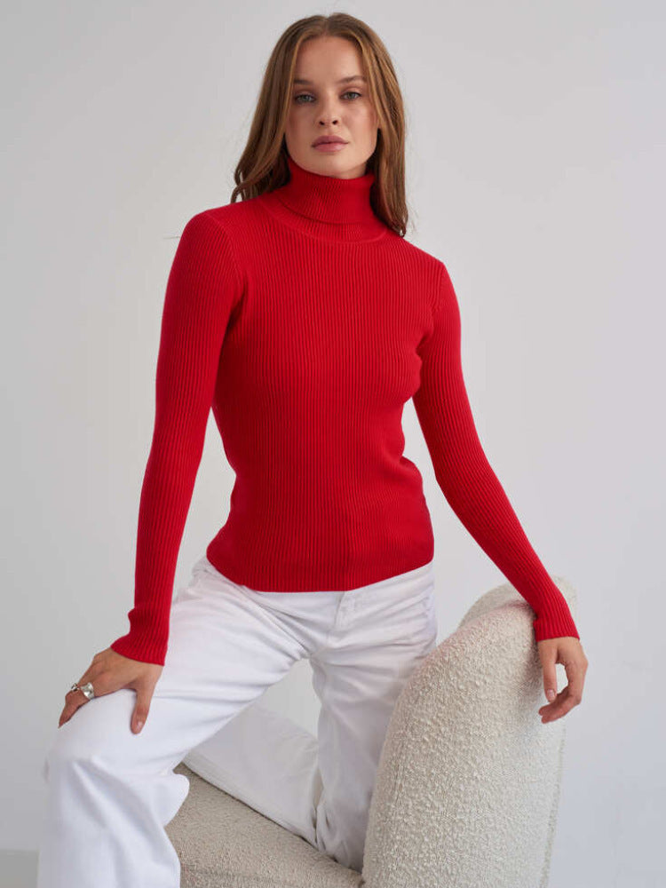 Damen Pullover Lang Hohler Kragen Feine Rippenstruktur Beige