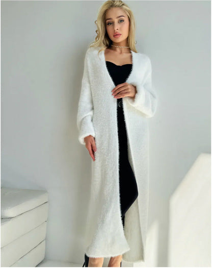 Damen Strickcardigan Lang Kuschelig Eleganter Schnitt Beige