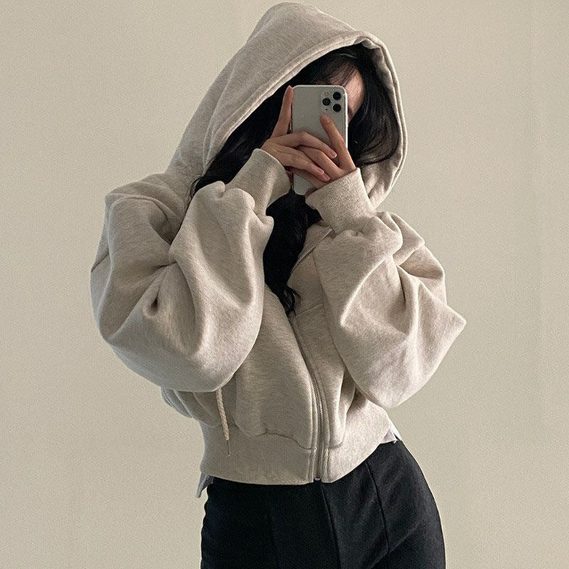 Damen Cropped Hoodie Reißverschluss Lässig Schwarz - Eveloria