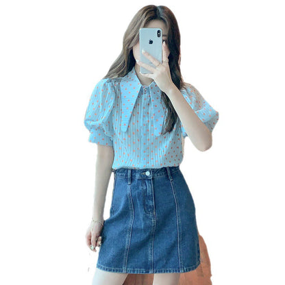Damen Kurzarmbluse Puffärmel Punkte-Design