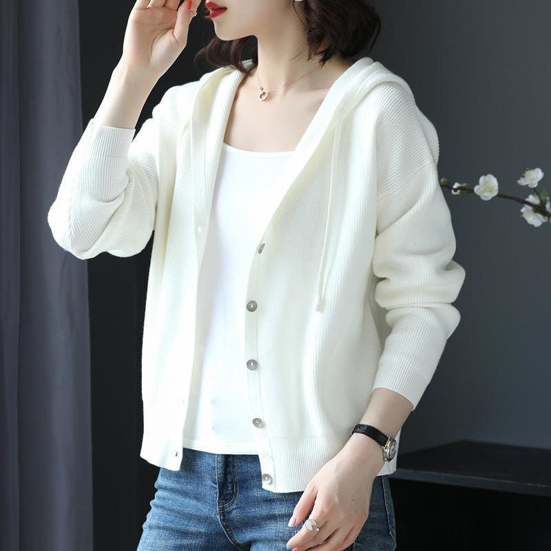 Damen Strickjacke mit Kapuze und Knöpfen Grau