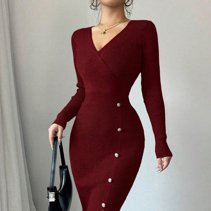 Damen Strickkleid Wickel-Design Dekorative Knöpfe Eveloria