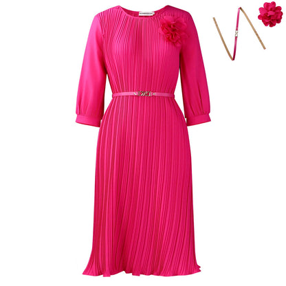 Damen Midi-Kleid Plissee Blumenapplikation Abnehmbarer Gürtel Eveloria