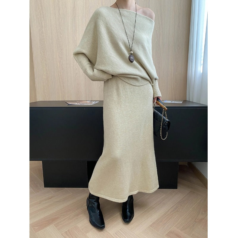 Damen Strick-Maxikleid Asymmetrisch Lässig Eveloria
