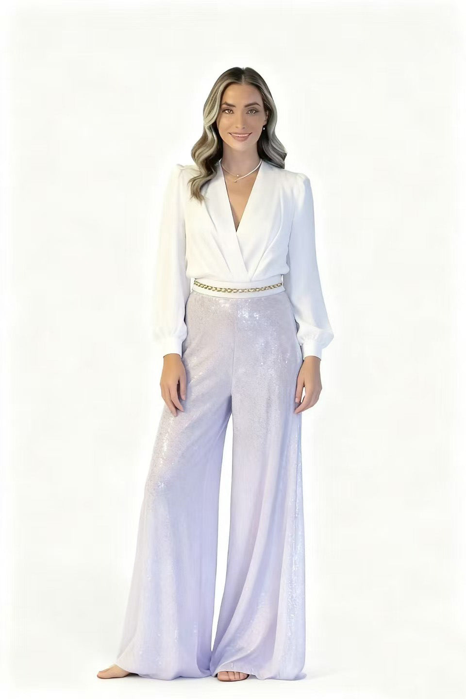 Damen Jumpsuit Eleganz Pailletten V-Ausschnitt Eveloria