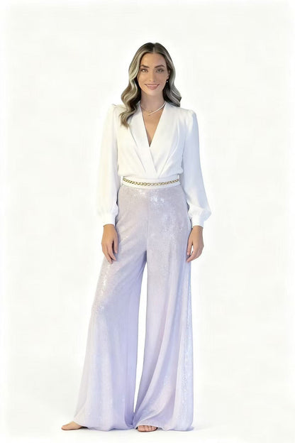 Damen Jumpsuit Eleganz Pailletten V-Ausschnitt Eveloria