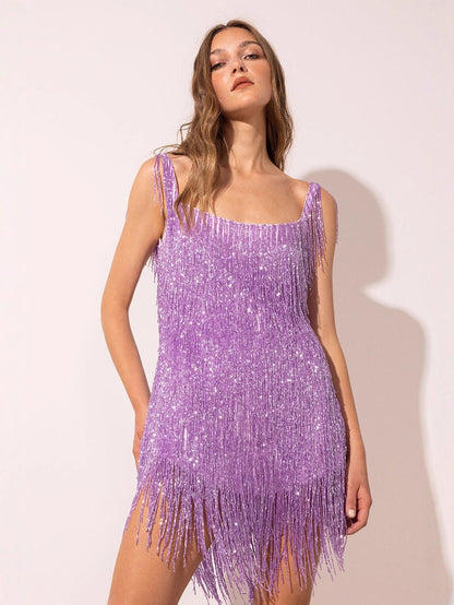Damen Minikleid mit Paillettenbesatz und Fransen