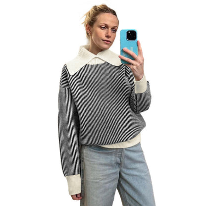 Damen Pullover Streifenmuster Eleganter Kragen Eveloria