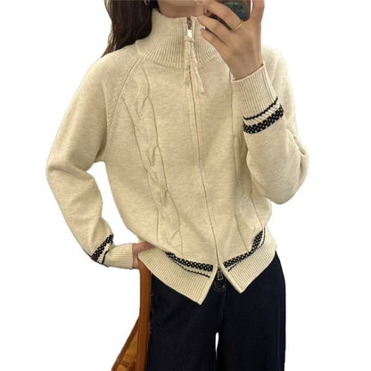 Damen Strickjacke Zopfmuster mit Reißverschluss