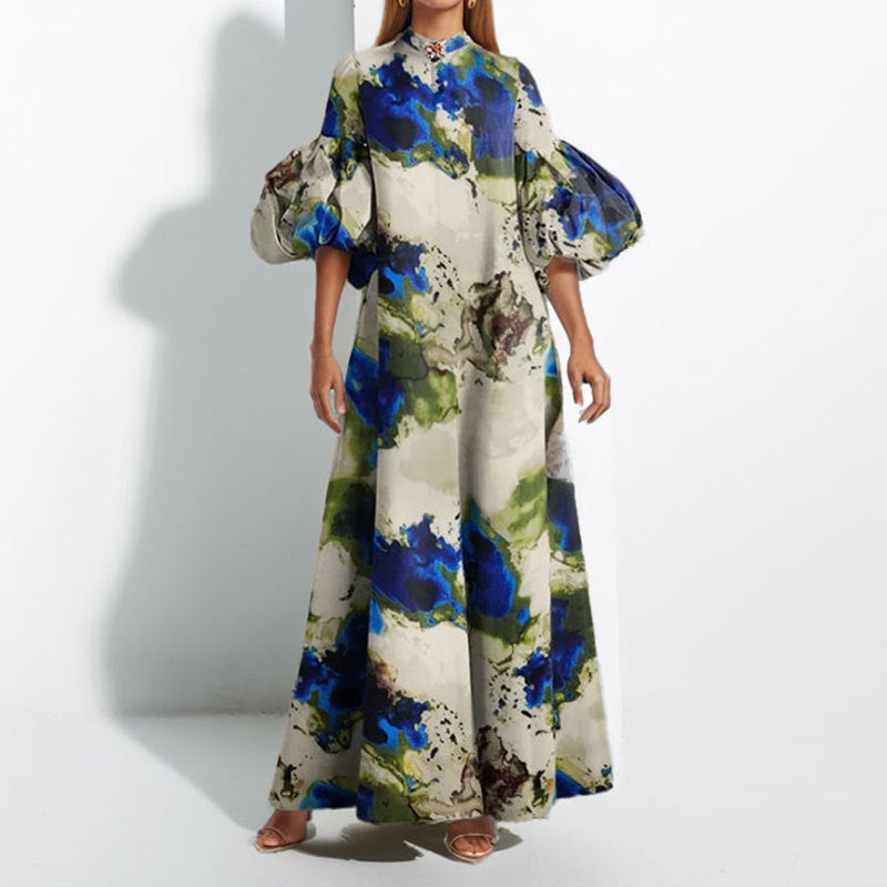 Damen Maxi-Kleid Volantärmel Abstrakt Muster