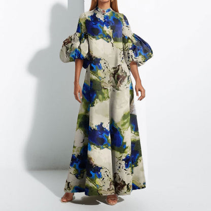 Damen Maxi-Kleid Volantärmel Abstrakt Muster