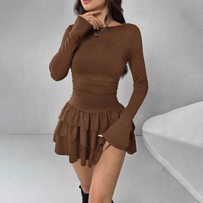 Damen Mini-Kleid Voluminöser Rüschensaum Langarm Eveloria - Eveloria