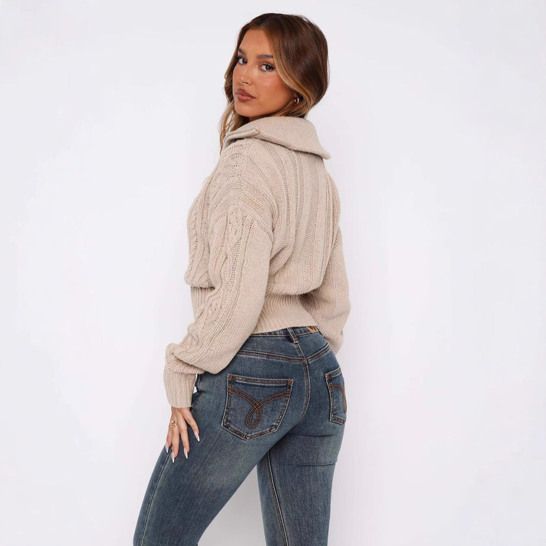 Damen Strickcardigan Kurz Zopfmuster Reißverschluss Eveloria