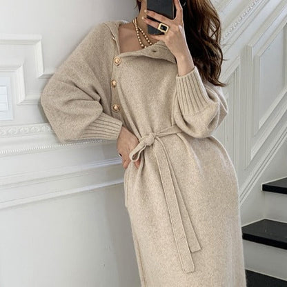 Damen Strickkleid mit Knöpfen und Taillengürtel