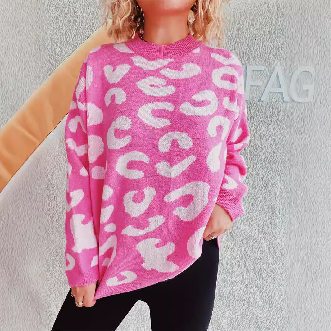 Damen Oversized Pullover Leopardenmuster Rundhalsausschnitt