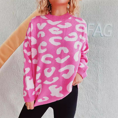 Damen Oversized Pullover Leopardenmuster Rundhalsausschnitt