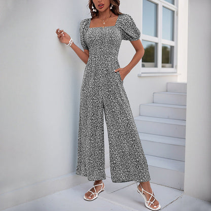 Damen Jumpsuit Elastischer Bund Puffärmel Eveloria
