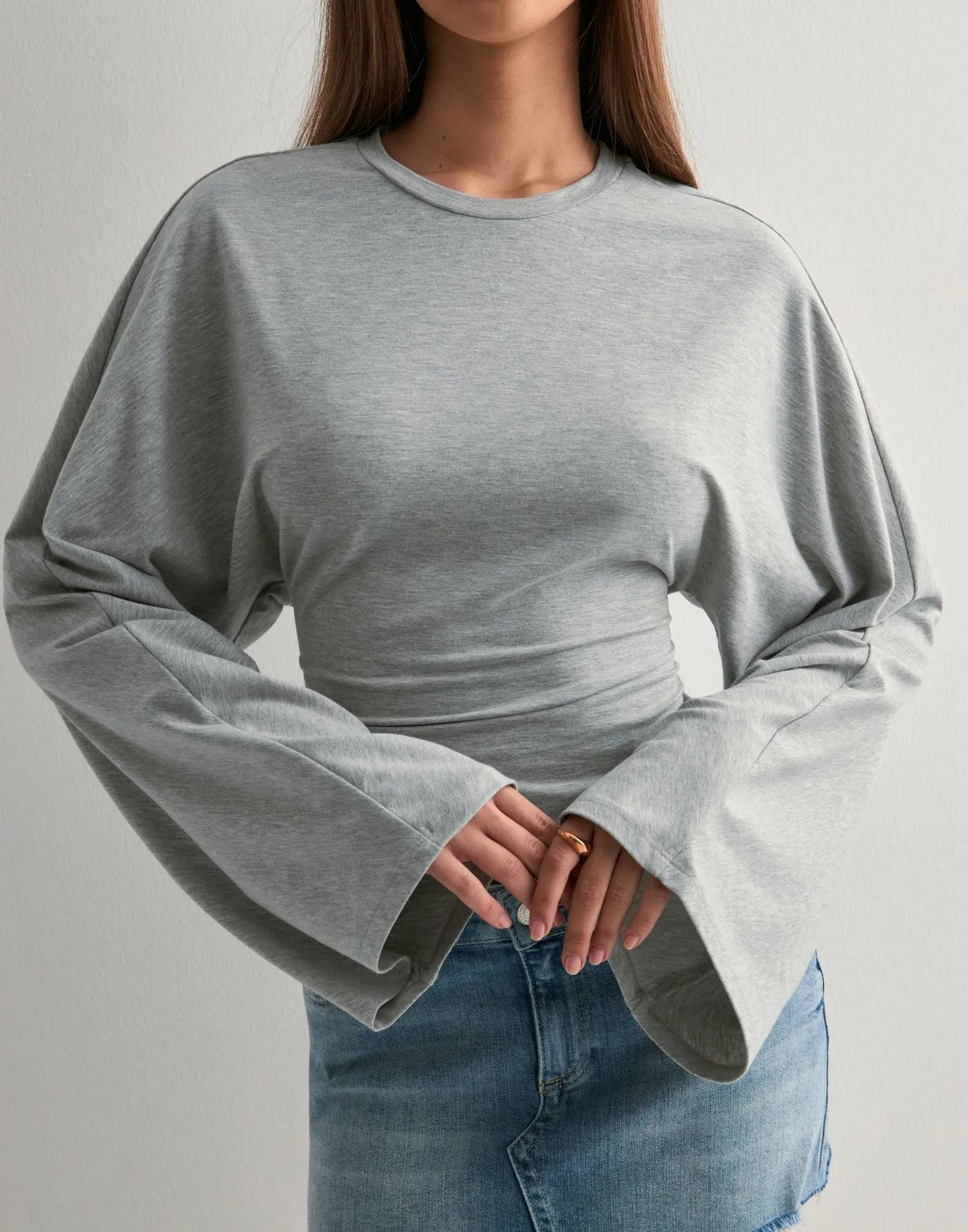 Damen Cropped Langarmshirt Weit Ärmel Eveloria