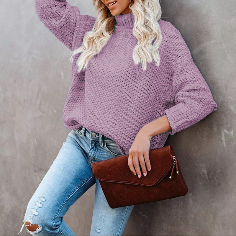 Damen Grobstrickpullover Rollkragen Lässig Eveloria