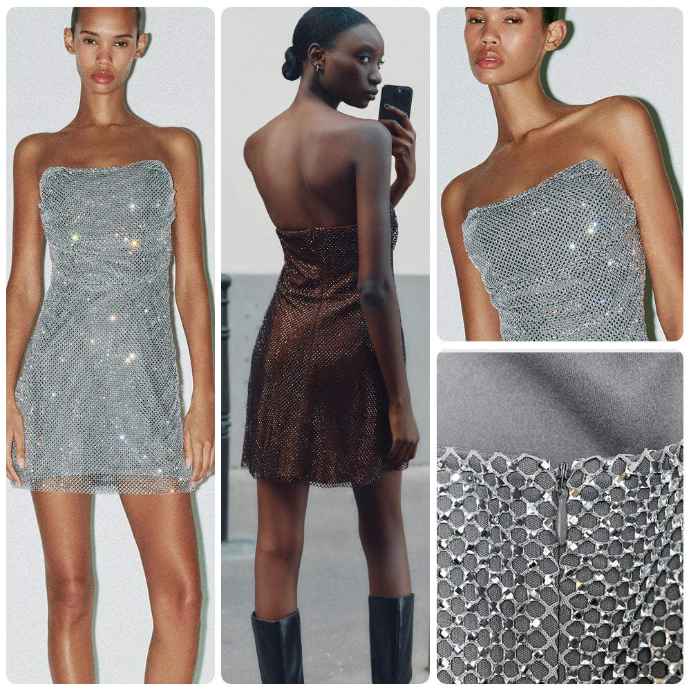 Damen Cocktailkleid Schulterfrei Glitzernd Pailletten Eveloria - Eveloria