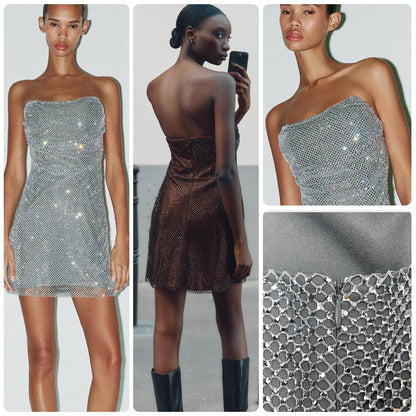 Damen Cocktailkleid Schulterfrei Glitzernd Pailletten Eveloria - Eveloria