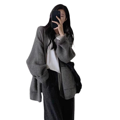 Damen Strickcardigan V-Ausschnitt mit Taschen Grau