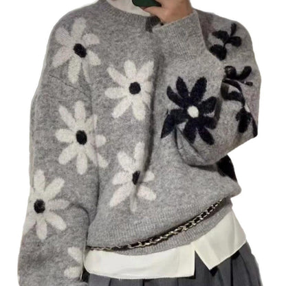Damen Strickpullover Weiches Material Florales Muster Beige