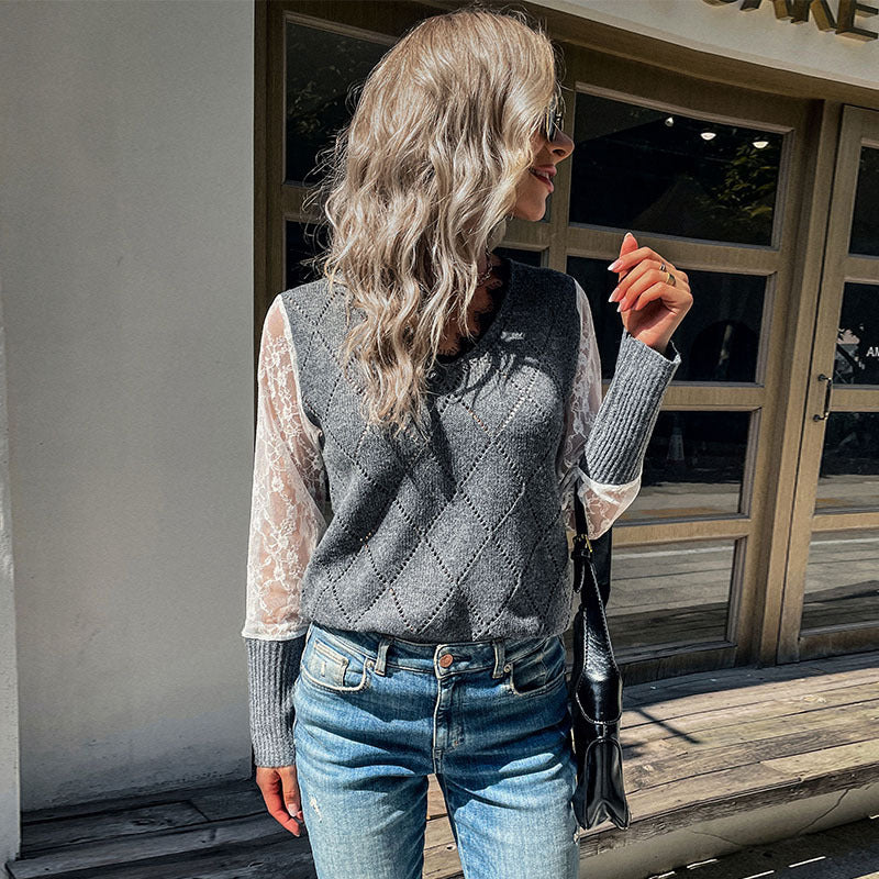 Damen Strickpullover Spitzeneinsätze Rautenmuster Eveloria - Eveloria