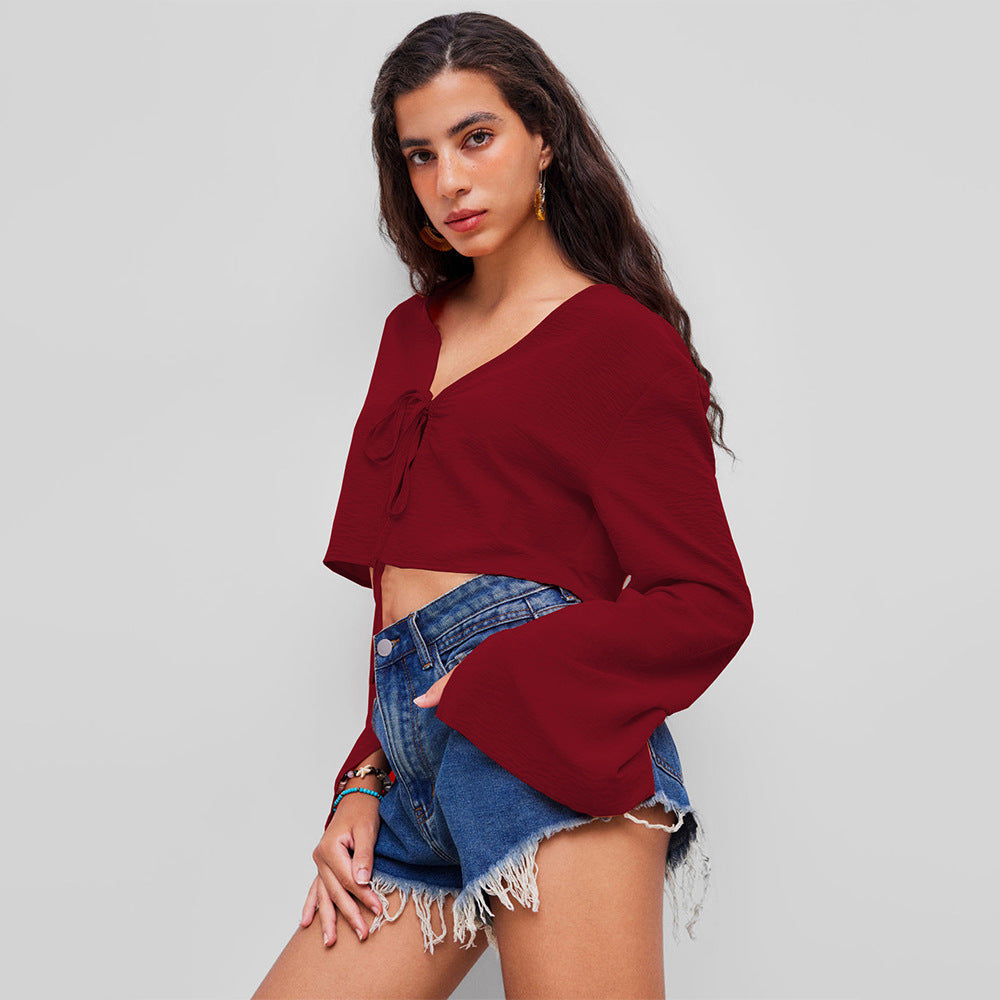 Damen Crop- V-Ausschnitt Verspielter Knoten Eveloria