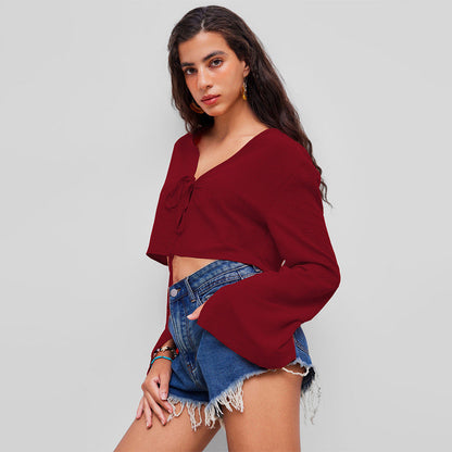 Damen Crop- V-Ausschnitt Verspielter Knoten Eveloria