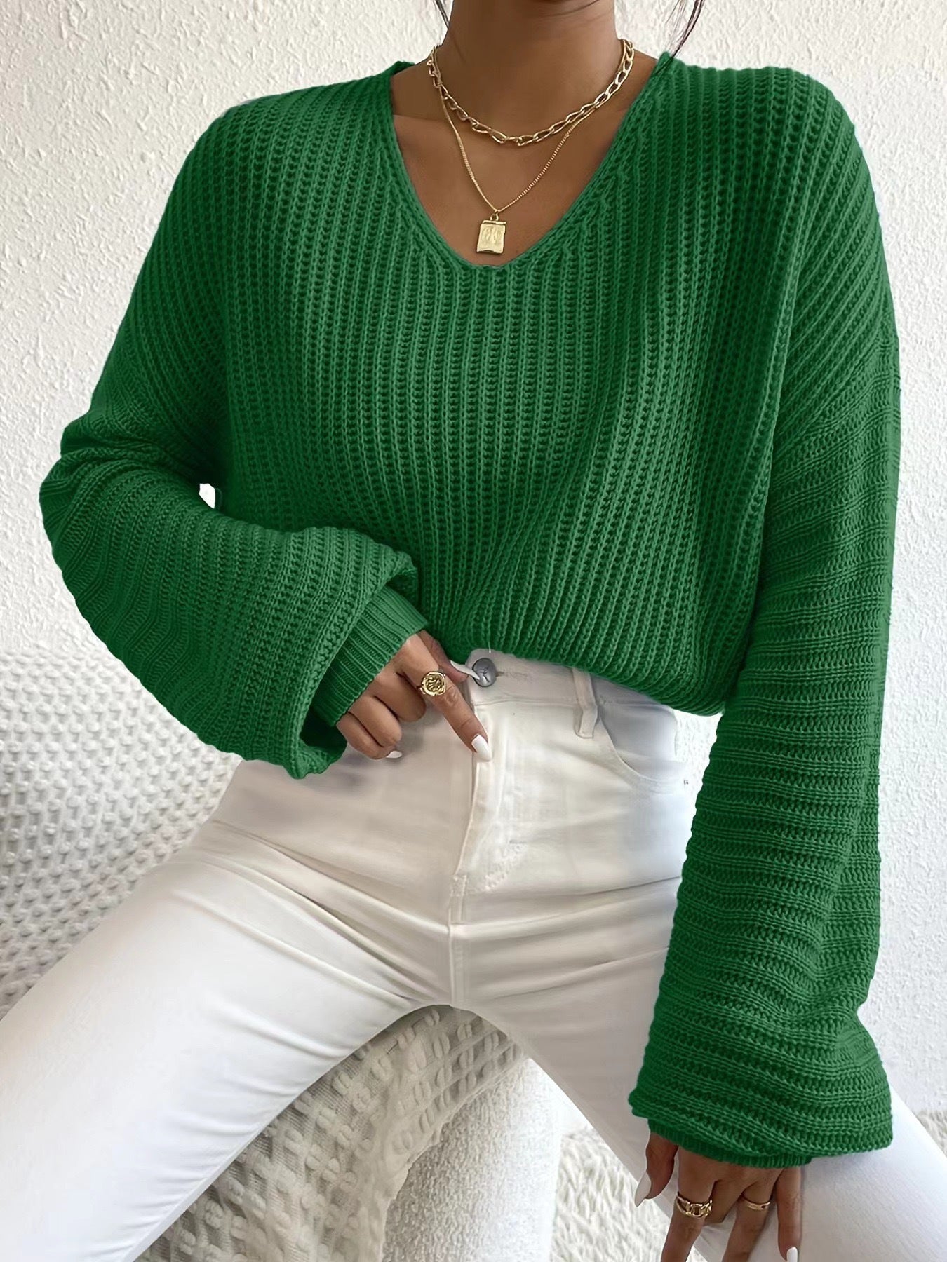 Damen Strickpullover Luftiger V-Ausschnitt Langer Ärmel Beige