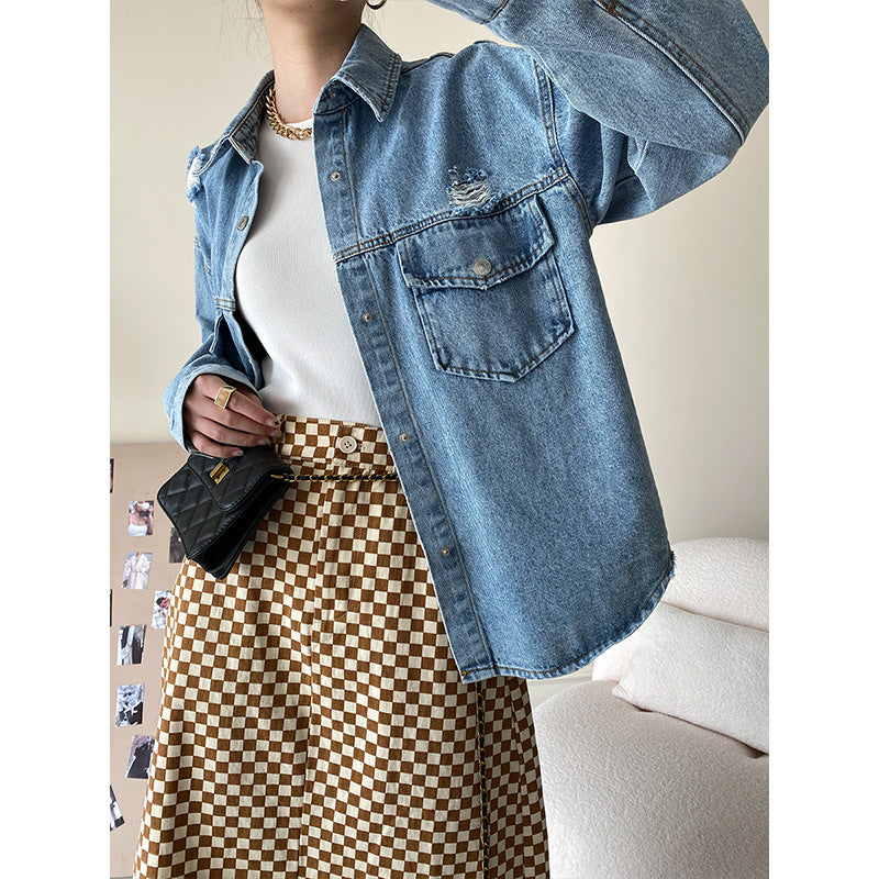 Damen Jeansjacke Used Look Große Taschen Eveloria