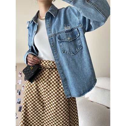 Damen Jeansjacke Used Look Große Taschen Eveloria