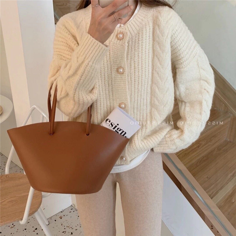 Damen Strickcardigan Kuschelig Perlenknöpfe Beige