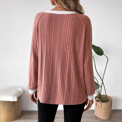 Damen Pullover Rippenstrick Kontrastbesatz Beige