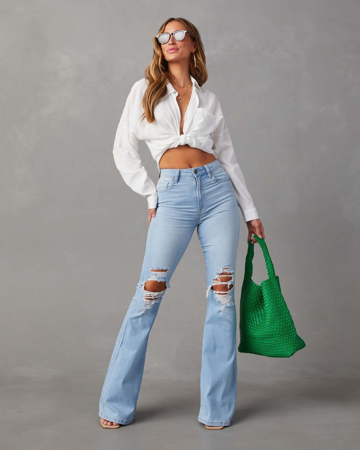 Damen Flared Jeans Destroyed Effekt Blau Eveloria