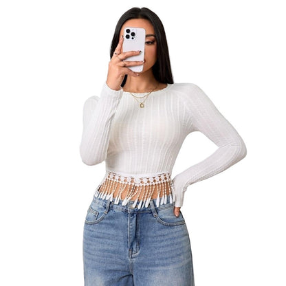 Damen Cropped Langarmshirt mit Fransen-Details
