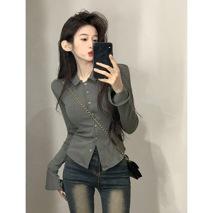 Damen Langarmshirt Volantärmel Modisch Blümchenweiß