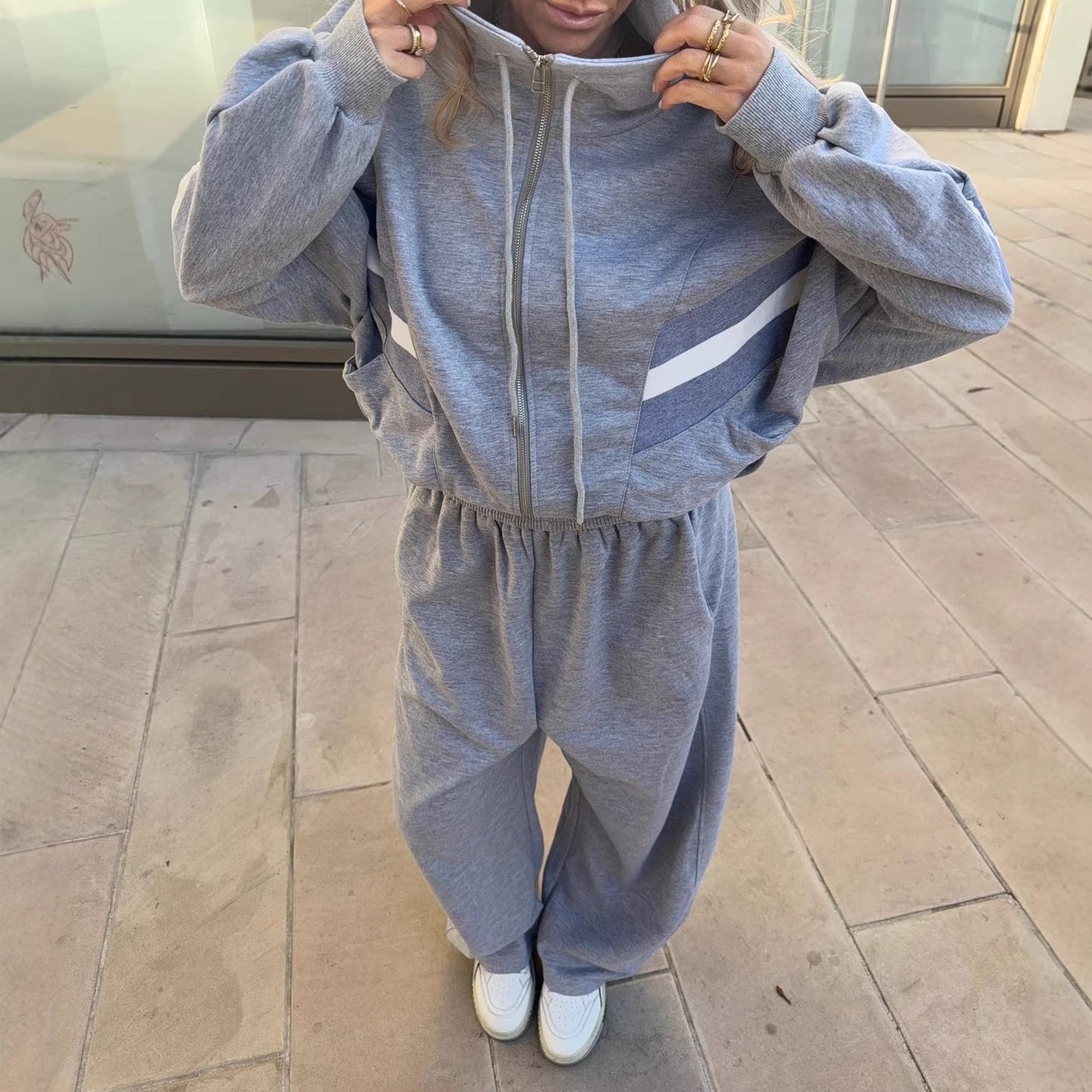 Damen Sweatshirt Jogginganzug Weite Kapuze Grau