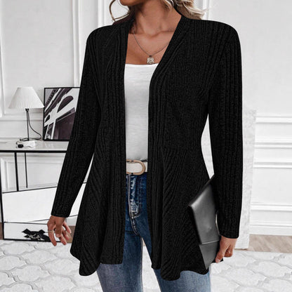 Damen Strickjacke Lang Rippdesign Tailliert Eveloria