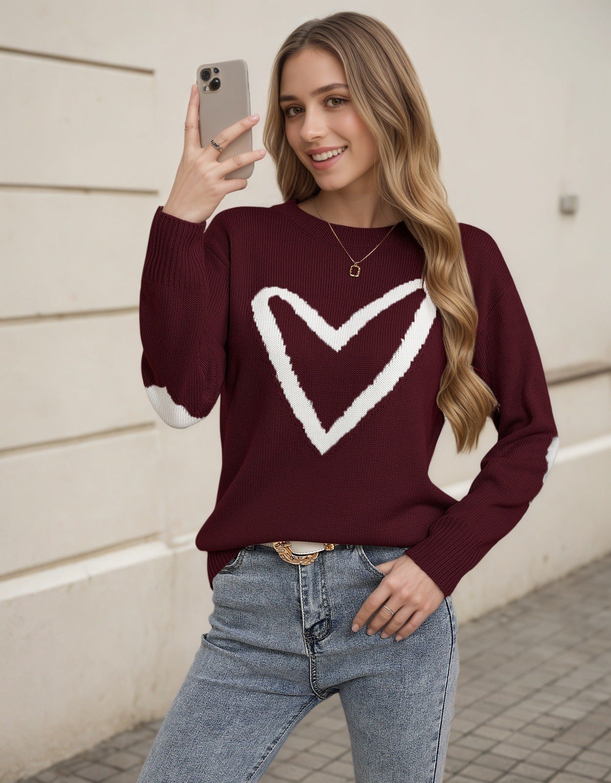 Damen Strickpullover Herzmotiv Lässiger Schnitt