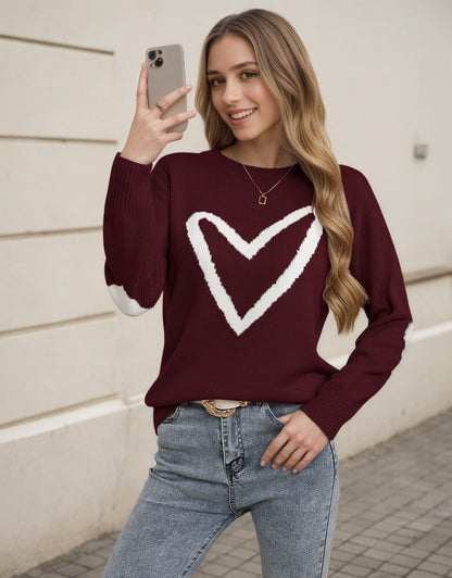 Damen Strickpullover Herzmotiv Lässiger Schnitt