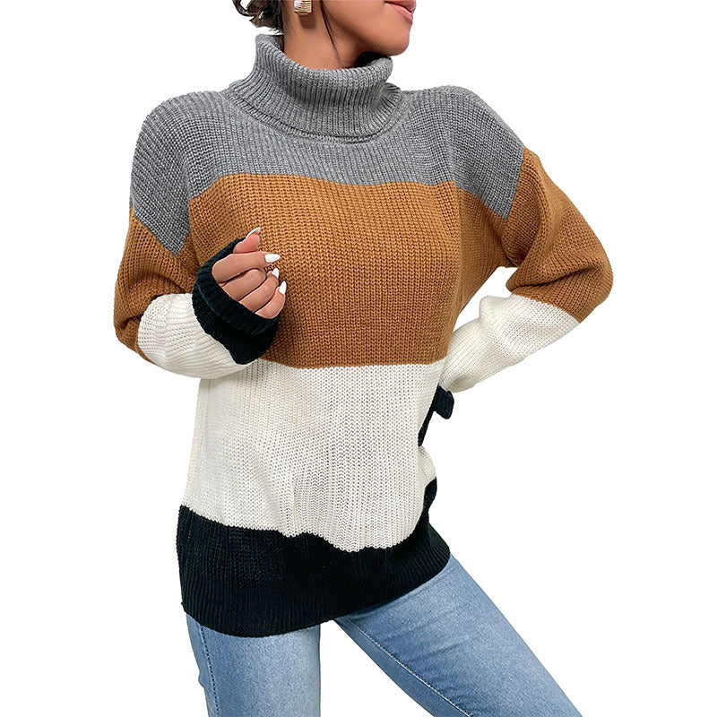 Damen Strickpullover Hochkragen Farbblockdesign Eveloria