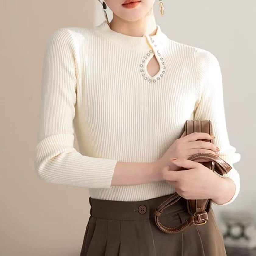 Damen Langarmshirt Elegant Ausschnitt Schmuckdetails