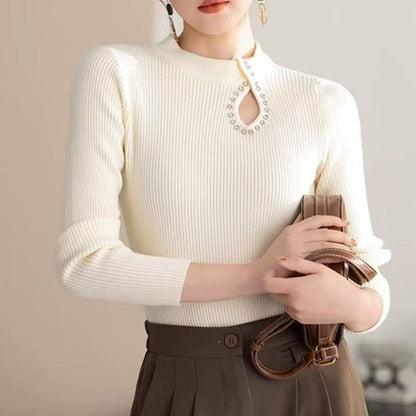 Damen Langarmshirt Elegant Ausschnitt Schmuckdetails