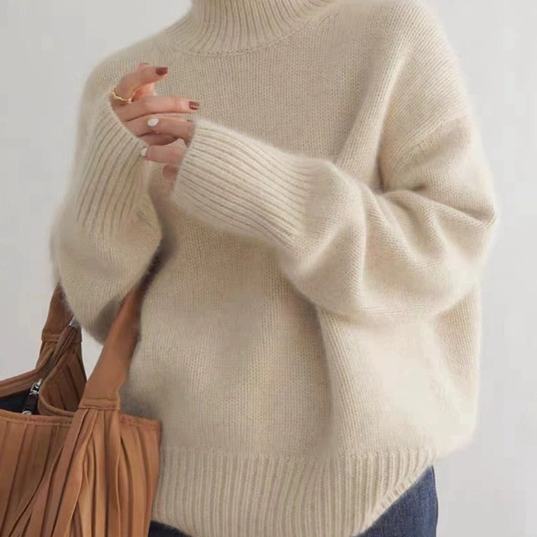 Damen Kaschmir Rollkragenpullover Weit Elegantes Design Beige - Eveloria