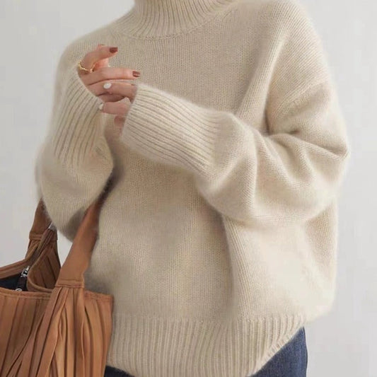 Damen Kaschmir Rollkragenpullover Weit Elegantes Design Beige - Eveloria